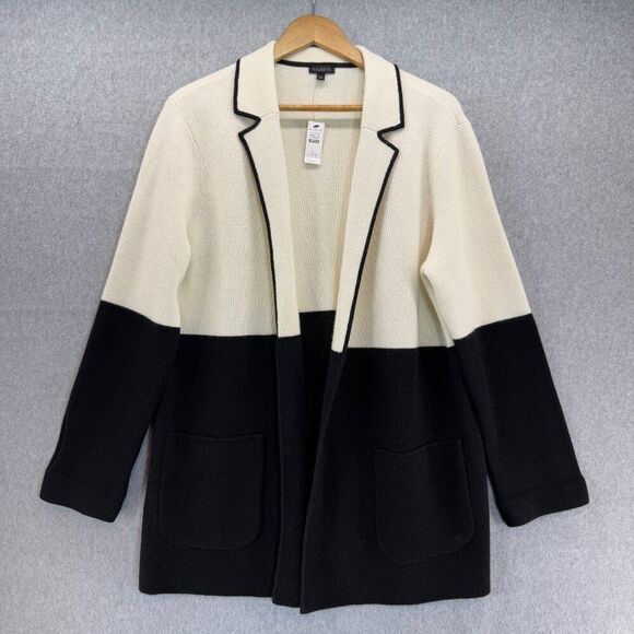 NWT Talbots Cream Black Colorblock Long Wool Blend Open Cardigan Sweater Pockets - Picture 1 of 11
